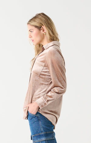 Button Front Velvet Shirt-Rusty Pink