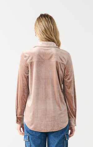 Button Front Velvet Shirt-Rusty Pink