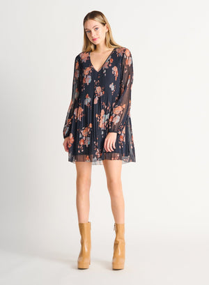 Pleated A-Line Dress- Tawny Floral