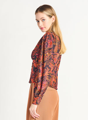 V-Neck Button Front Blouse-Orange/Paisley