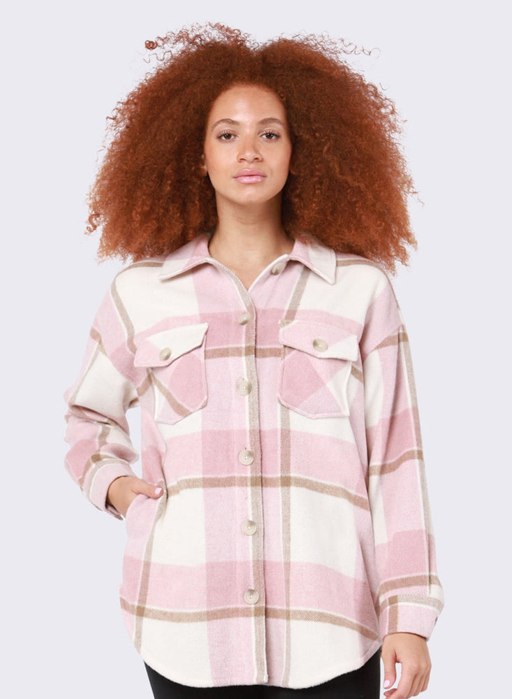 Button Front Plaid Shacked-Pink/Taupe Plaid