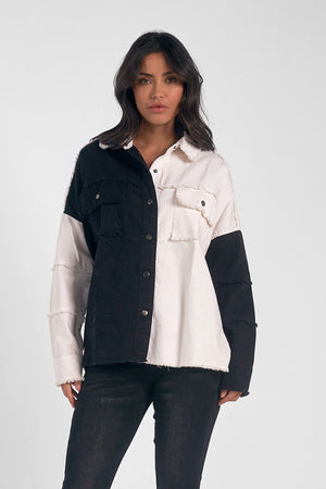 Button Up Distressed Jacket-Black/White