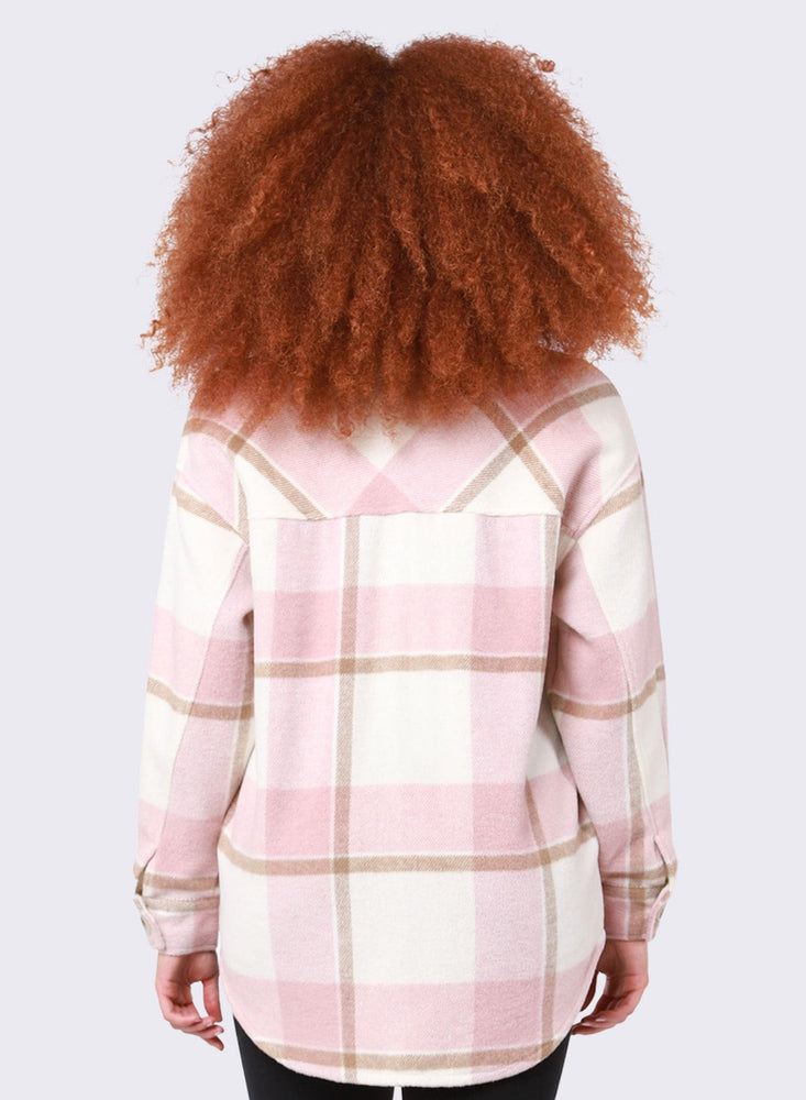 Button Front Plaid Shacked-Pink/Taupe Plaid