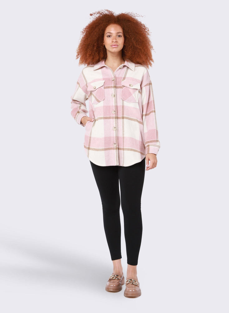 Button Front Plaid Shacked-Pink/Taupe Plaid