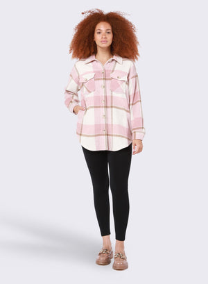 Button Front Plaid Shacked-Pink/Taupe Plaid