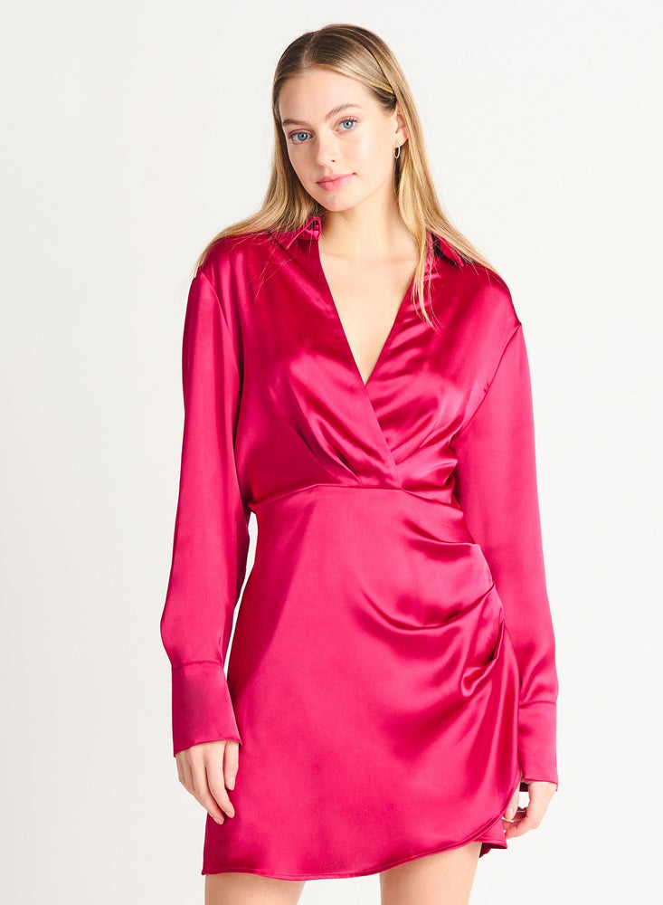 Ruched Satin Wrap Dress-Hot Pink