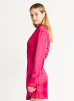 Ruched Satin Wrap Dress-Hot Pink