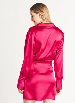 Ruched Satin Wrap Dress-Hot Pink