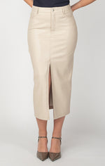 Faux Leather Midi Skirt-Cream Beige
