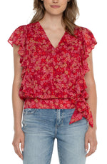 Draped Front Top w Waist Tie-Berry Blossom Floral