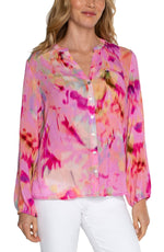 LS Button Front Shirred Blouse -Fuchsia Watercolor