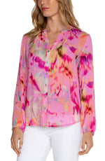 LS Button Front Shirred Blouse -Fuchsia Watercolor