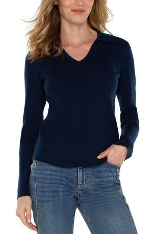 LS V-Neck Collared Sweater-Dark Navy