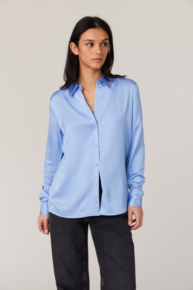 Ennis Satin Shirt-Dusted Blue