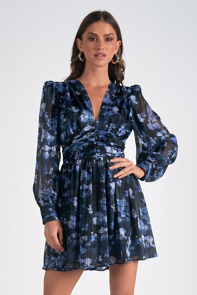 LS V-Neck Dress-Blue Floral