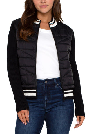 Quilted Front Full Zipper Sweater-Black