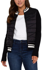 Quilted Front Full Zipper Sweater-Black