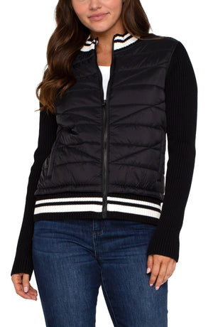 Quilted Front Full Zipper Sweater-Black