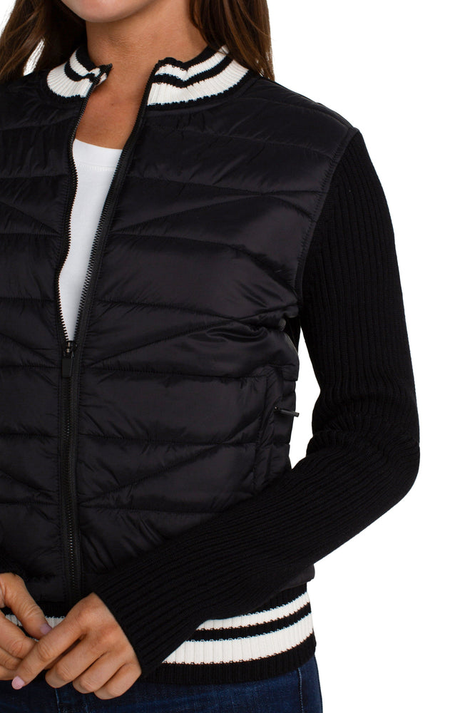 Quilted Front Full Zipper Sweater-Black