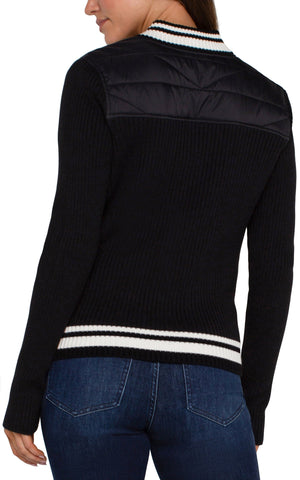 Quilted Front Full Zipper Sweater-Black