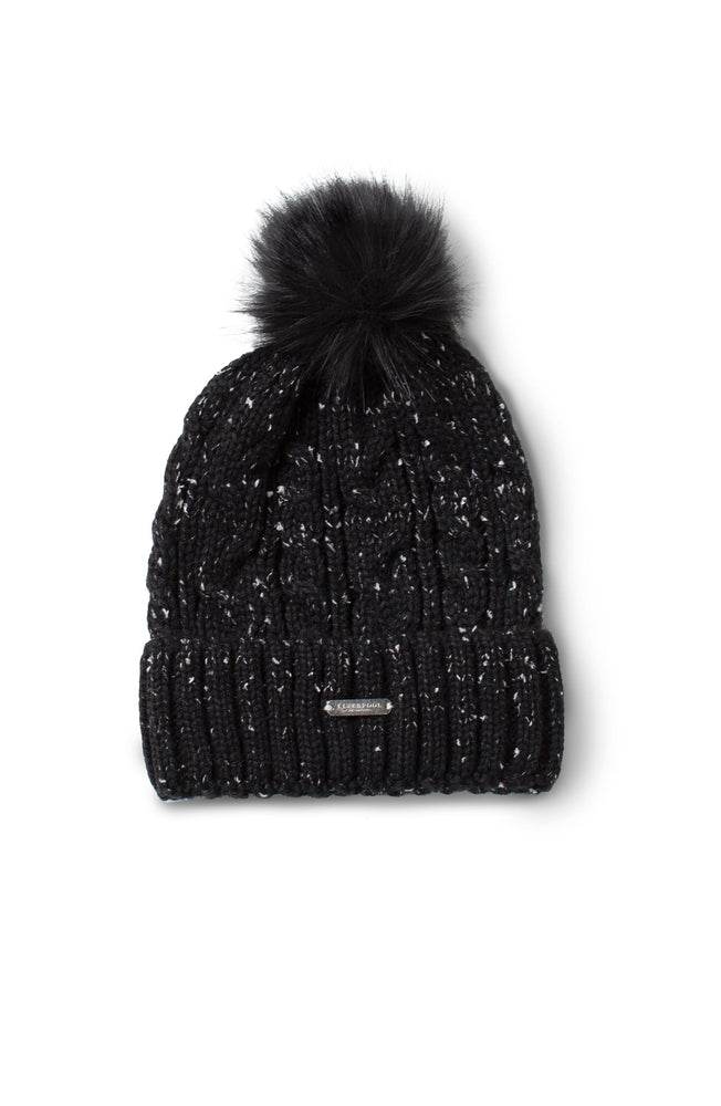 Cable Knit Beanie w Faux Fur-Black/White