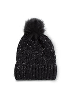 Cable Knit Beanie w Faux Fur-Black/White