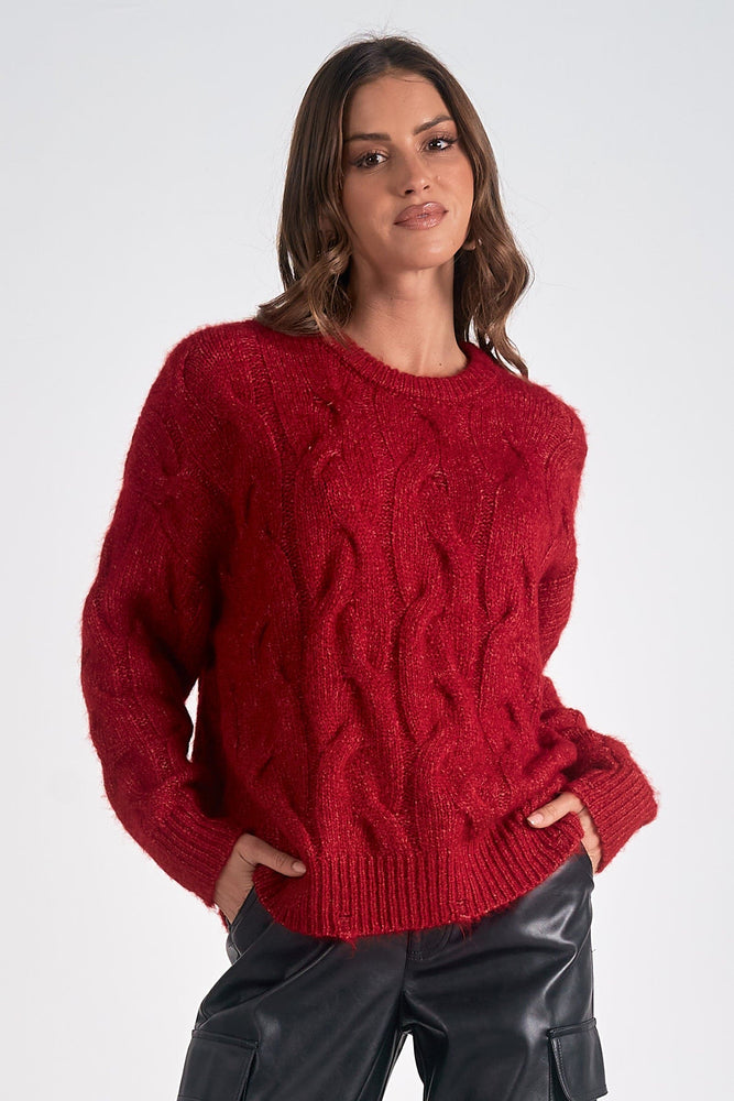 Crewneck Cable Sweater-Red