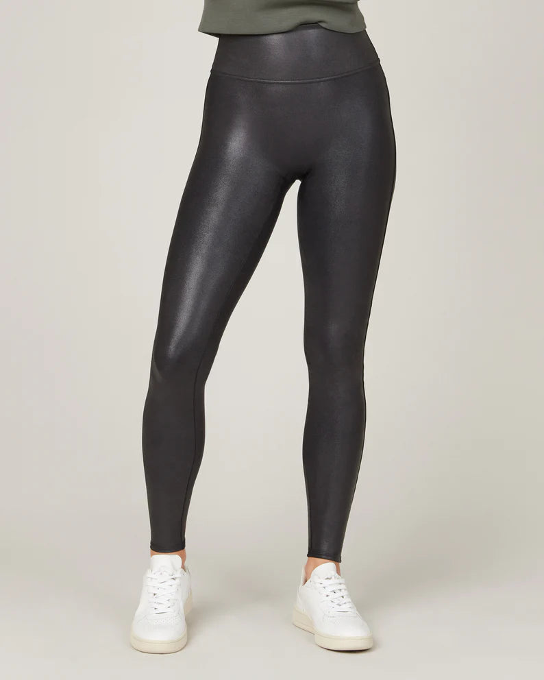 SPANX Black Faux Leather Leggings With White Stripe up The Side