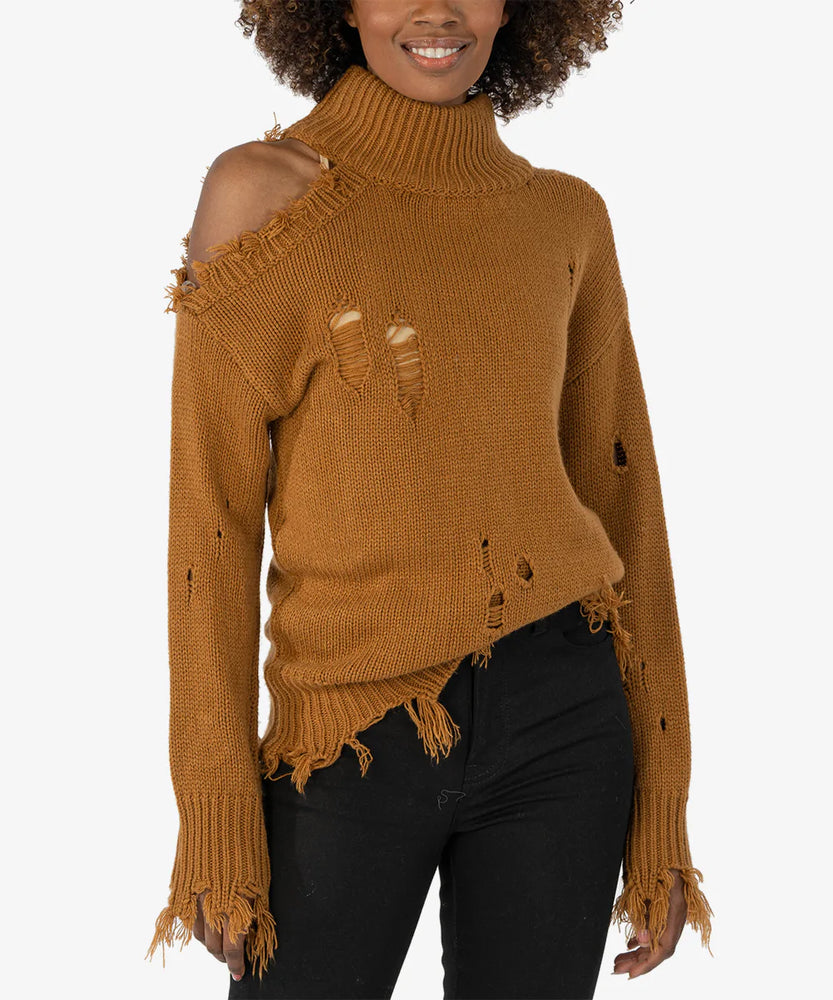 Viola Destructed Turtleneck Sweater- Camel