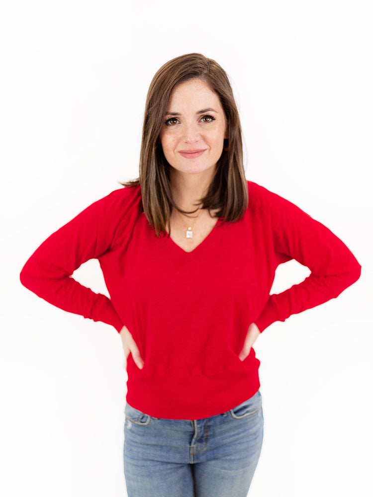 Square Hem V-Neck Tee-Red Hot