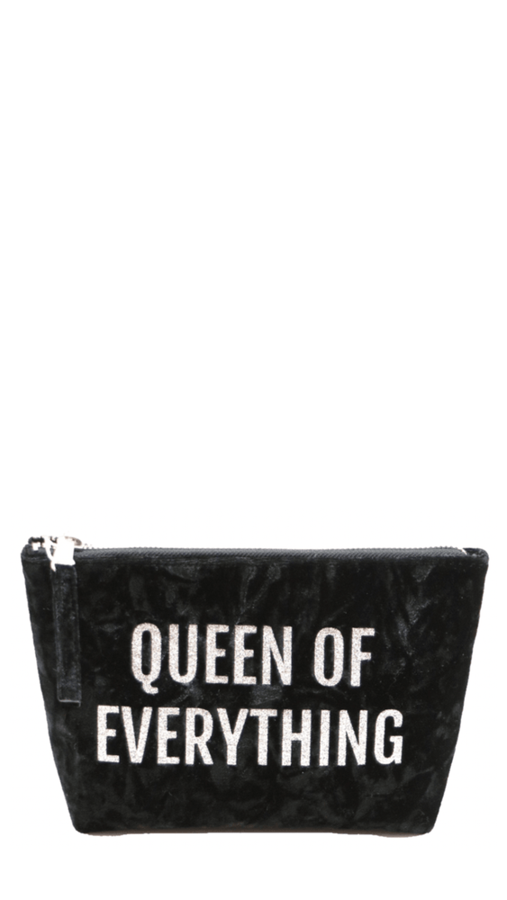 Silver Glitter Queen of Everything Black Velvet Makeup Bag