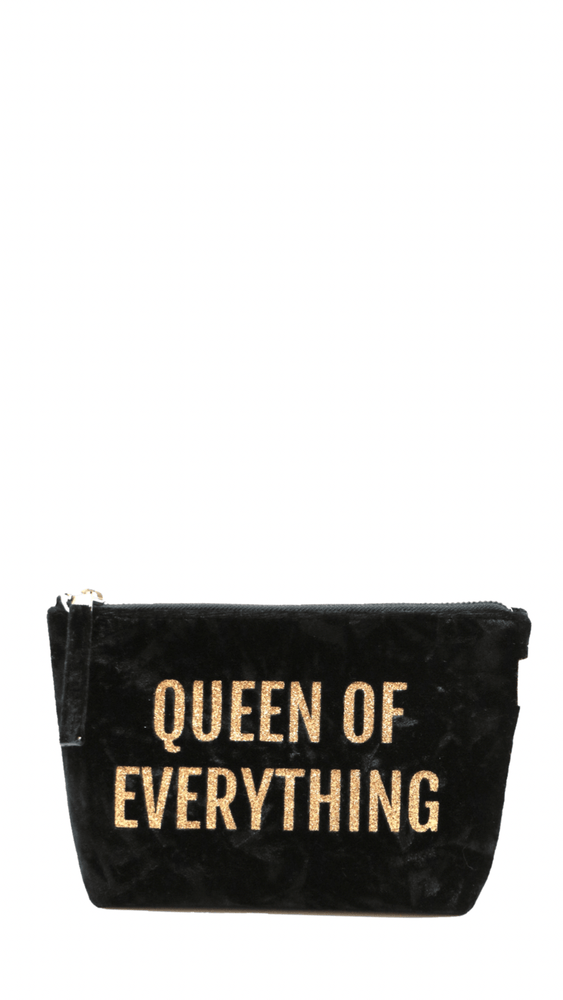 Gold Glitter Queen of Everything- Black Velvet Makeup Bag