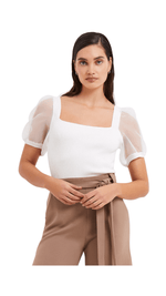 Lex Krista Organza Puff Sleeve Sweater-Summer White
