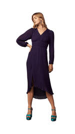 Pleated V-neck Midi Dress- Purple