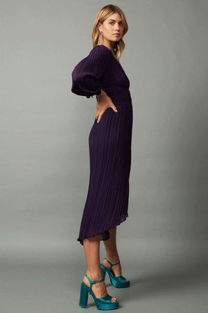 Pleated V-neck Midi Dress- Purple