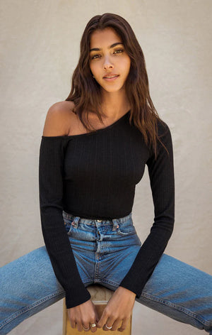 Jane Rib One Shoulder Top - Black