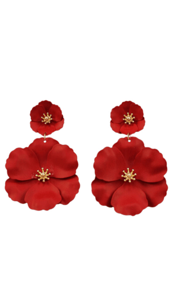 Double Flower Earrings-Dark Red