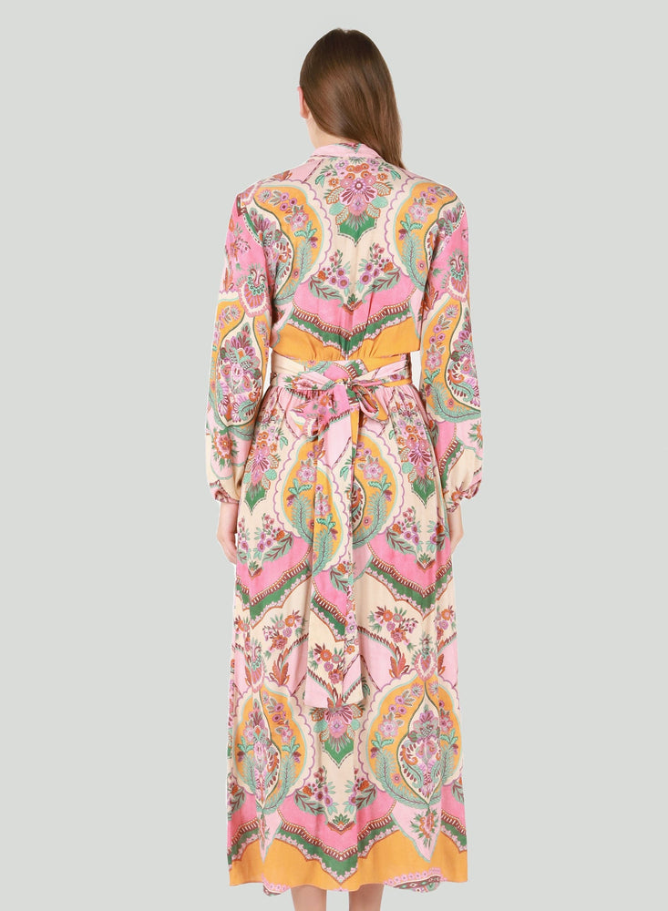 Wrap Front Kimono Dress-Pink Vintage Print